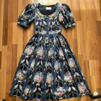 1980s Floral Cotton Trachten Dress SPORTALM-Austrian Folk Puff Sleeves Dirndl Dress
