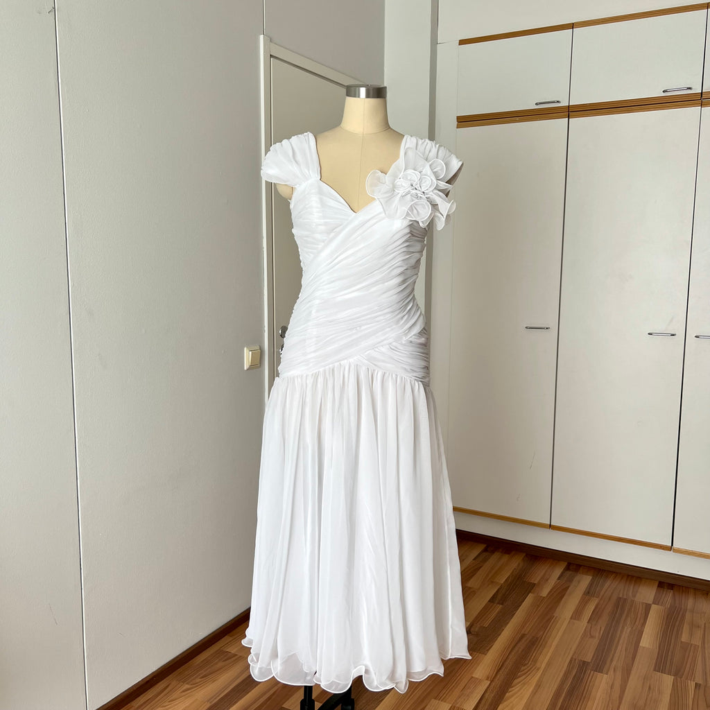 80s JOHN CHARLES Vintage Wedding Dress-Drop Waist Minimalist Bridal Gown