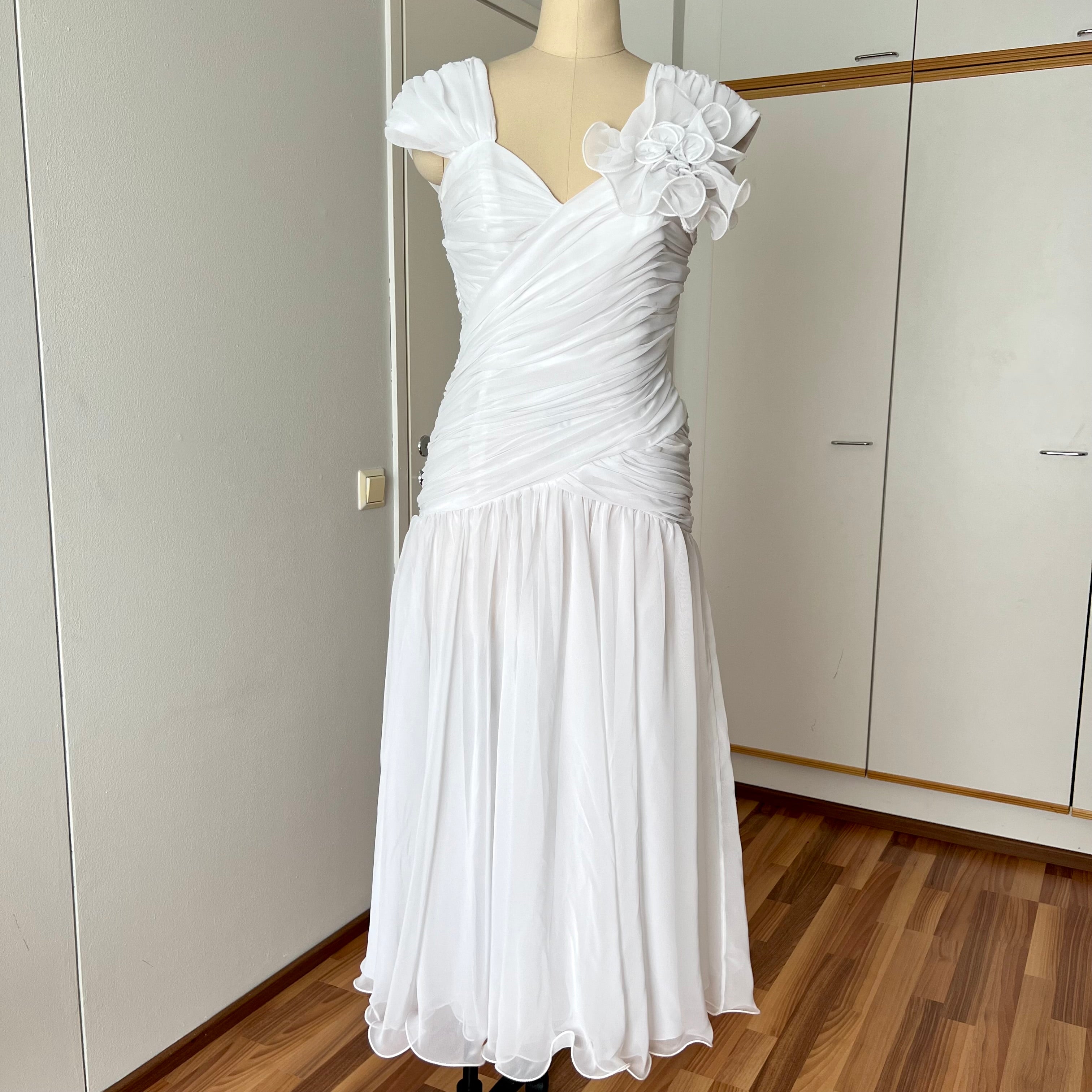 80s JOHN CHARLES Vintage Wedding Dress-Drop Waist Minimalist Bridal Gown