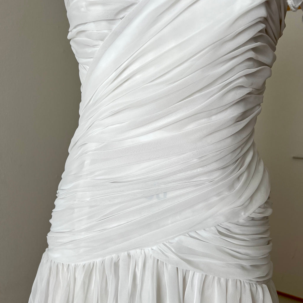 80s JOHN CHARLES Vintage Wedding Dress-Drop Waist Minimalist Bridal Gown