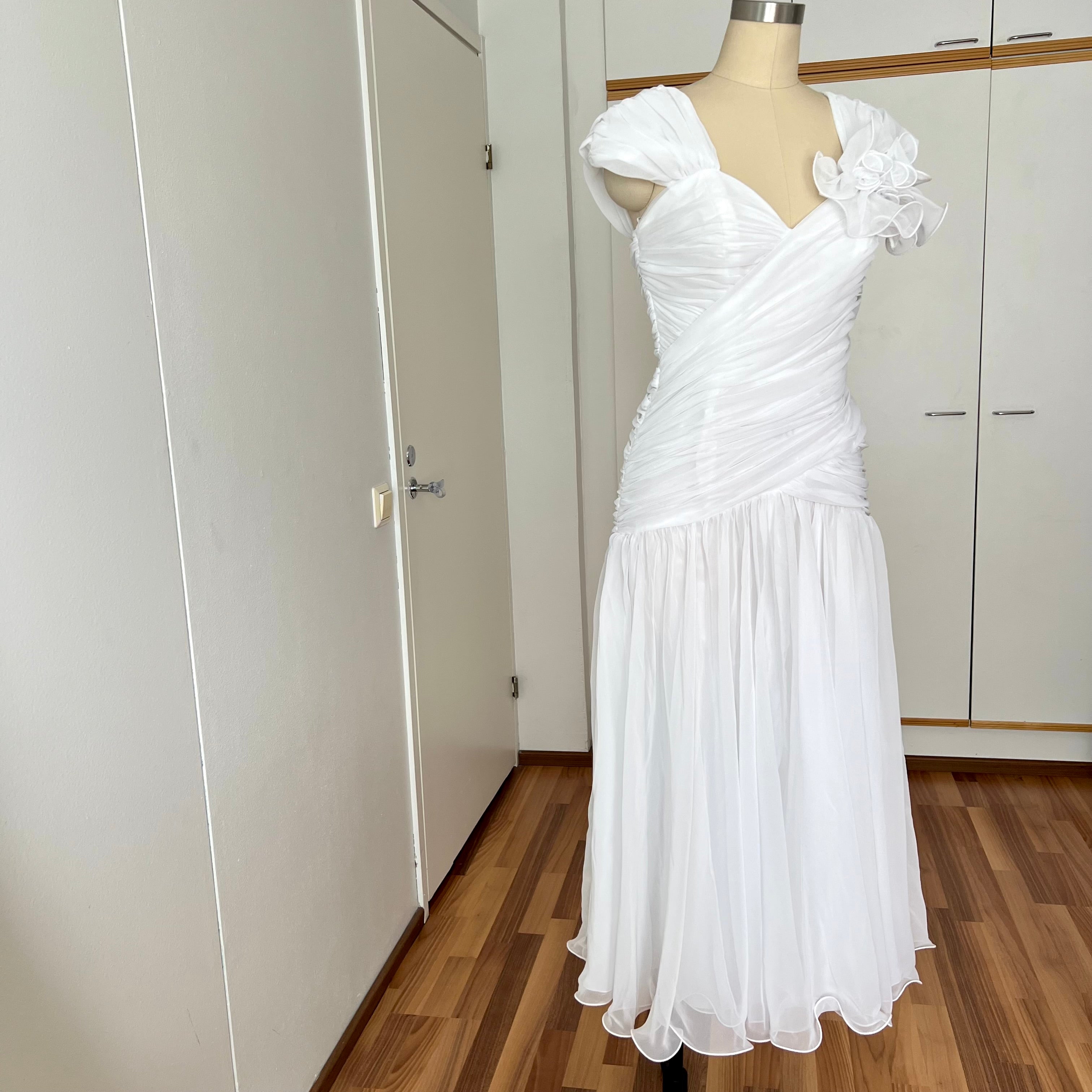 80s JOHN CHARLES Vintage Wedding Dress-Drop Waist Minimalist Bridal Gown
