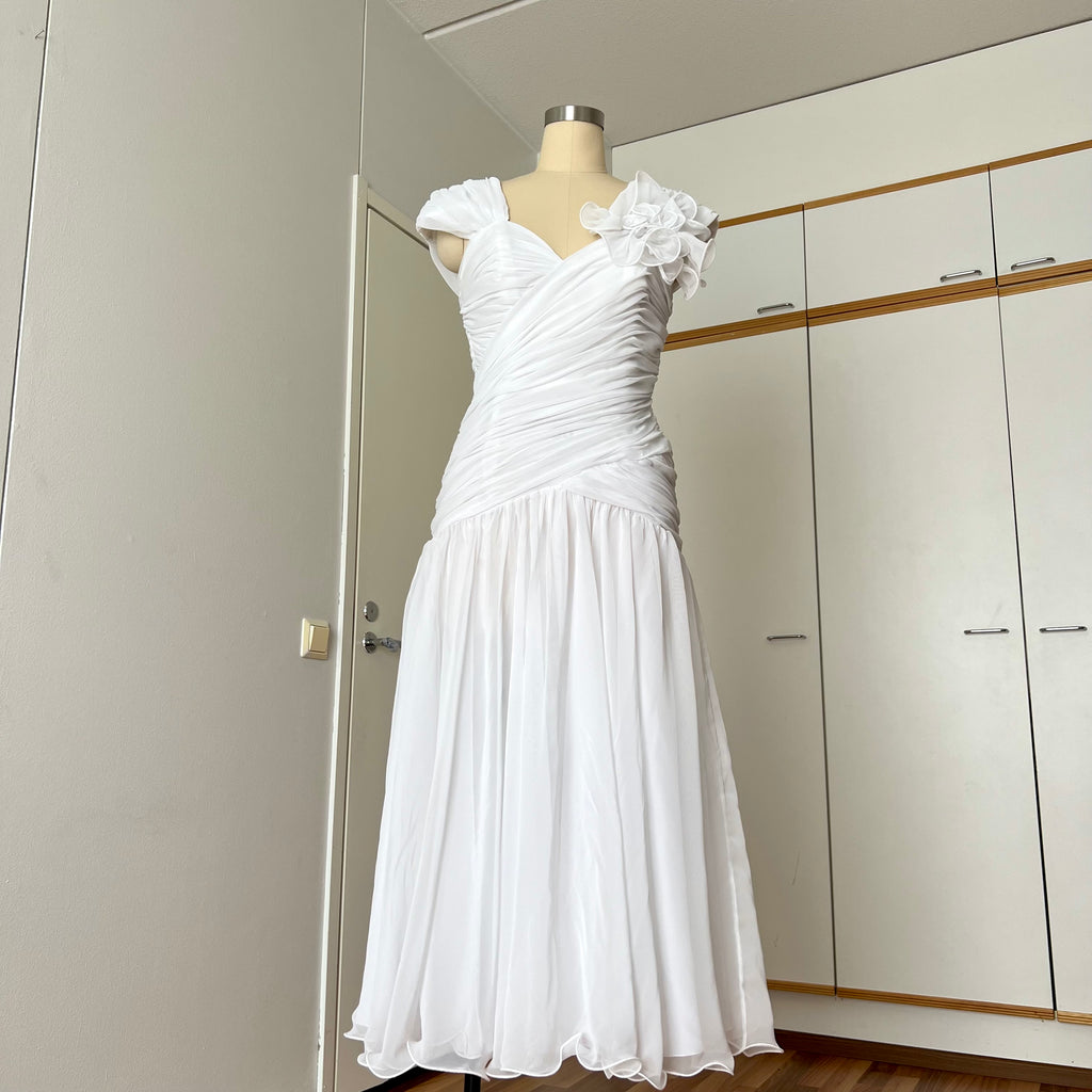 80s JOHN CHARLES Vintage Wedding Dress-Drop Waist Minimalist Bridal Gown
