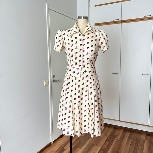 1970s Floral Two Piece Skirt Set-70s Dagger Collar Puff Sleeves Blouse & Pleated Skirt Co-ord