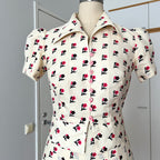 1970s Floral Two Piece Skirt Set-70s Dagger Collar Puff Sleeves Blouse & Pleated Skirt Co-ord