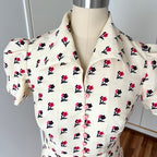 1970s Floral Two Piece Skirt Set-70s Dagger Collar Puff Sleeves Blouse & Pleated Skirt Co-ord