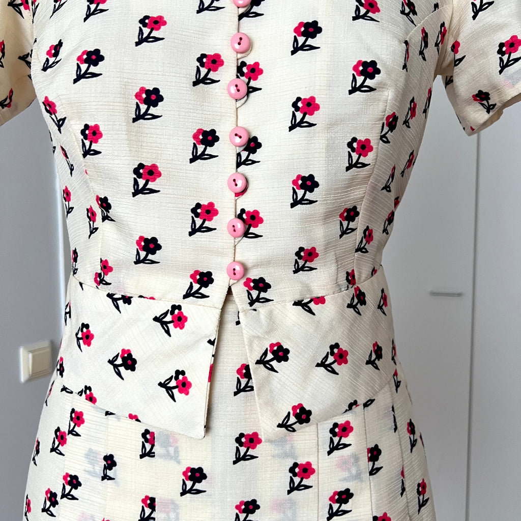 1970s Floral Two Piece Skirt Set-70s Dagger Collar Puff Sleeves Blouse & Pleated Skirt Co-ord