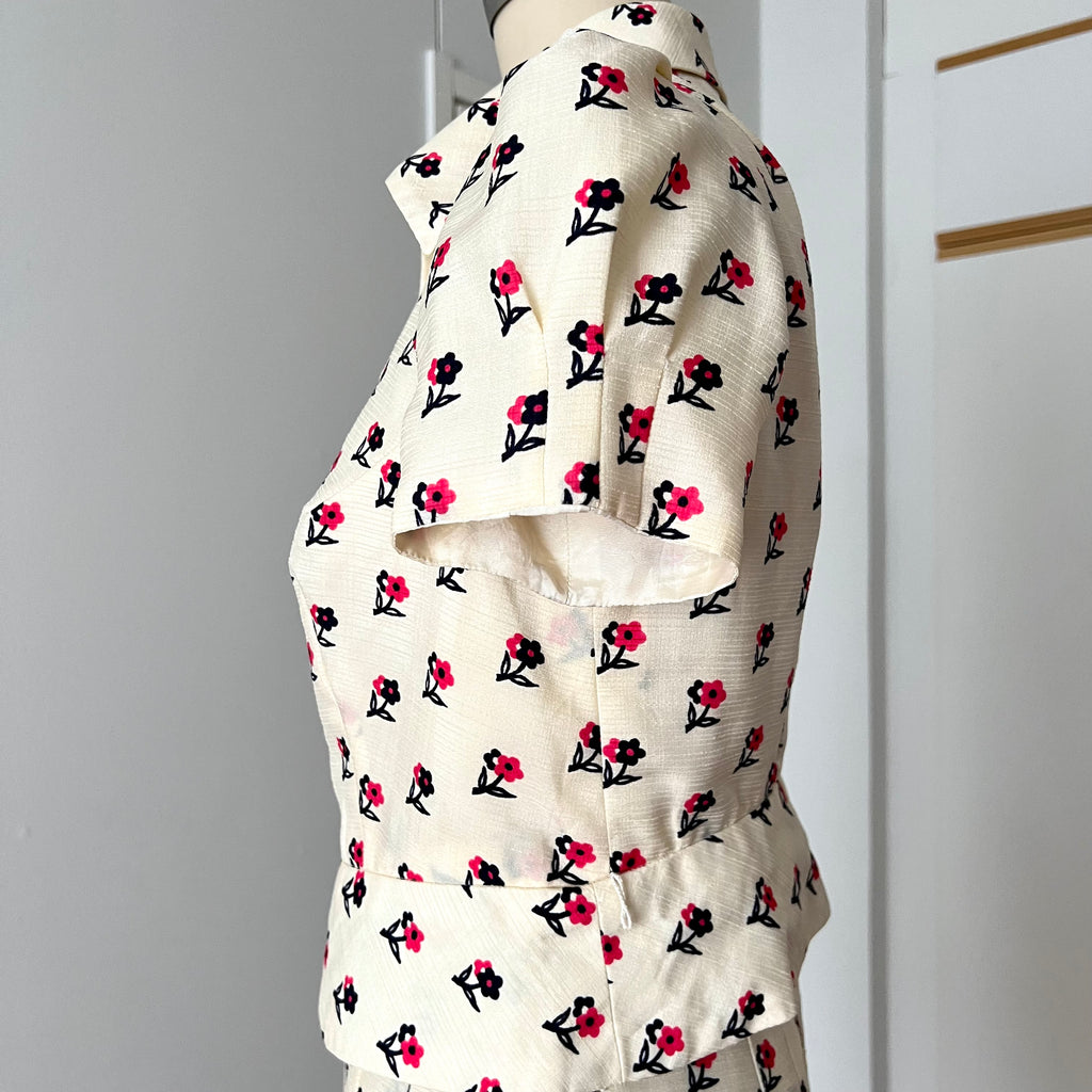 1970s Floral Two Piece Skirt Set-70s Dagger Collar Puff Sleeves Blouse & Pleated Skirt Co-ord