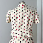1970s Floral Two Piece Skirt Set-70s Dagger Collar Puff Sleeves Blouse & Pleated Skirt Co-ord