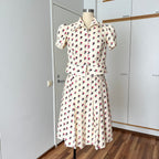 1970s Floral Two Piece Skirt Set-70s Dagger Collar Puff Sleeves Blouse & Pleated Skirt Co-ord