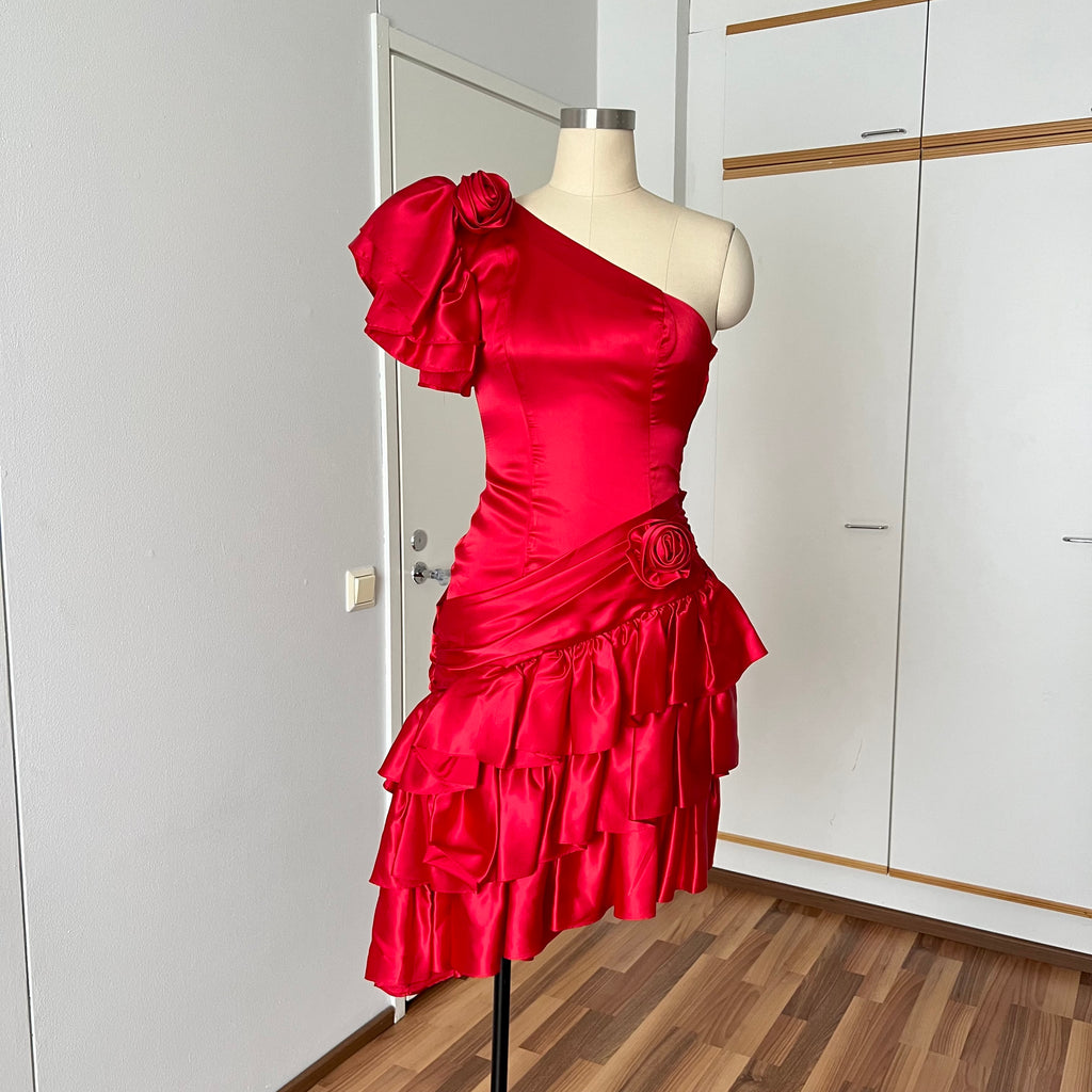 1980s ILGWU Red Prom Party Dress-One Shoulder Tiered Ruffle Dress