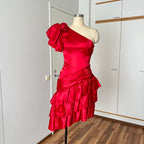 1980s ILGWU Red Prom Party Dress-One Shoulder Tiered Ruffle Dress