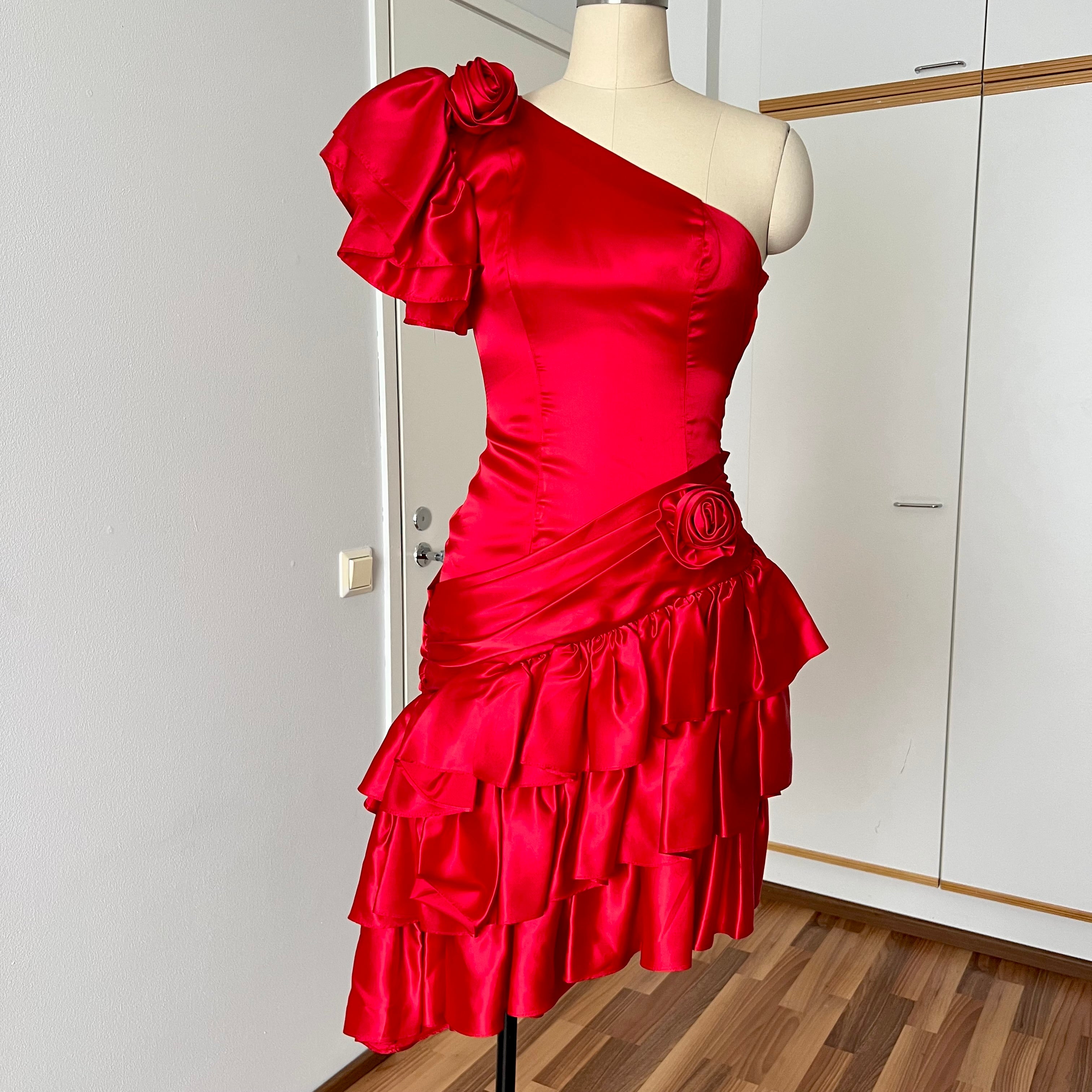 1980s ILGWU Red Prom Party Dress-One Shoulder Tiered Ruffle Dress