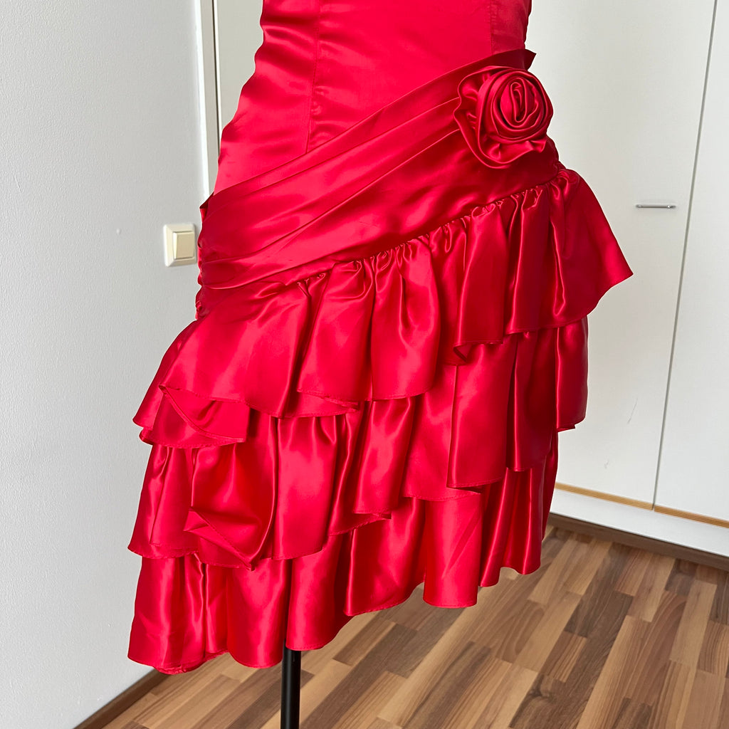 1980s ILGWU Red Prom Party Dress-One Shoulder Tiered Ruffle Dress