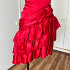 1980s ILGWU Red Prom Party Dress-One Shoulder Tiered Ruffle Dress
