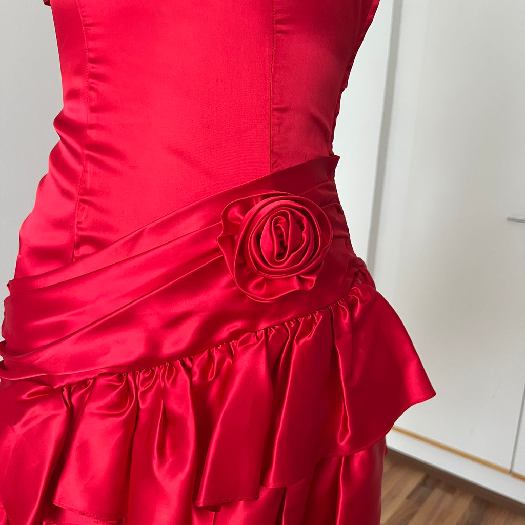 1980s ILGWU Red Prom Party Dress-One Shoulder Tiered Ruffle Dress