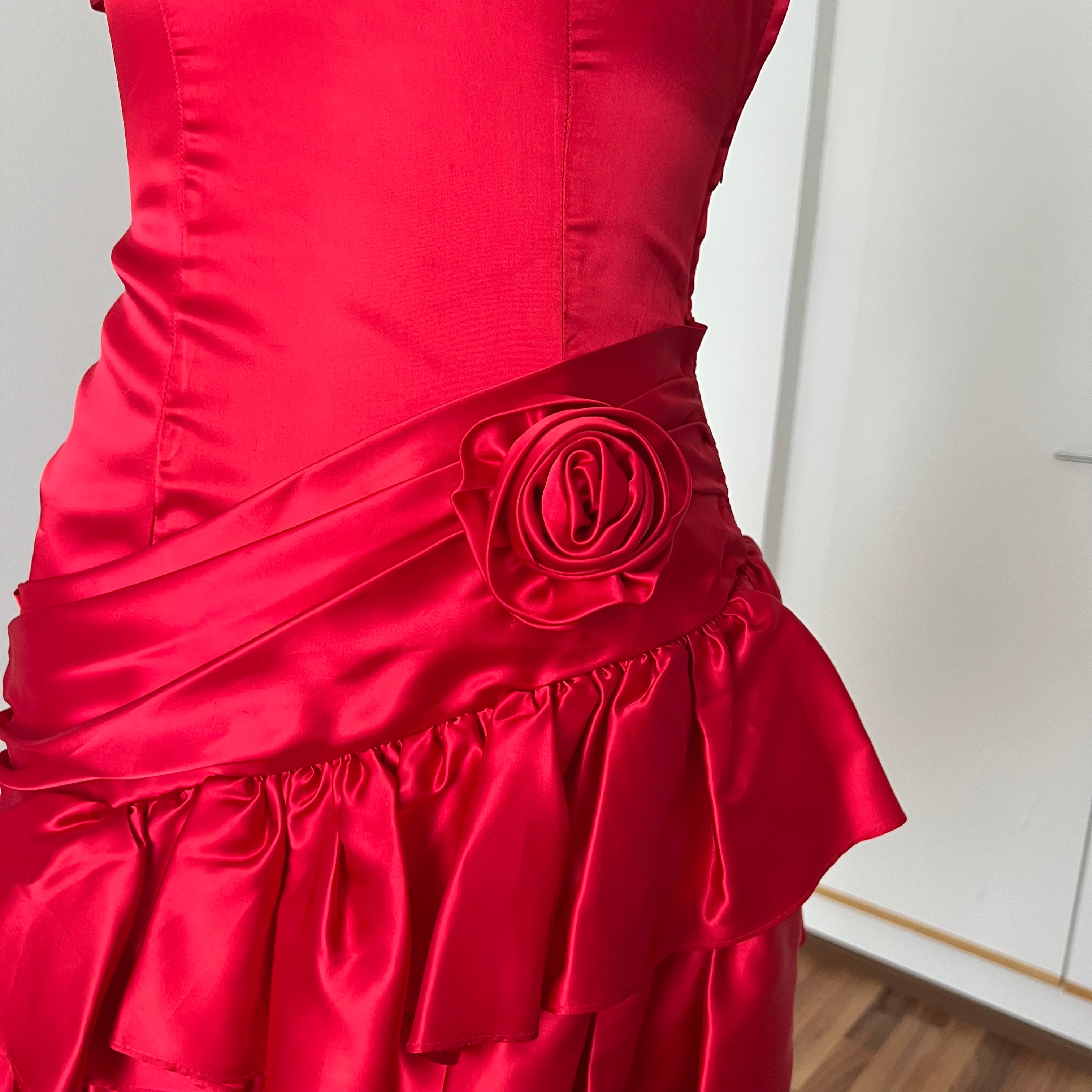 1980s ILGWU Red Prom Party Dress-One Shoulder Tiered Ruffle Dress