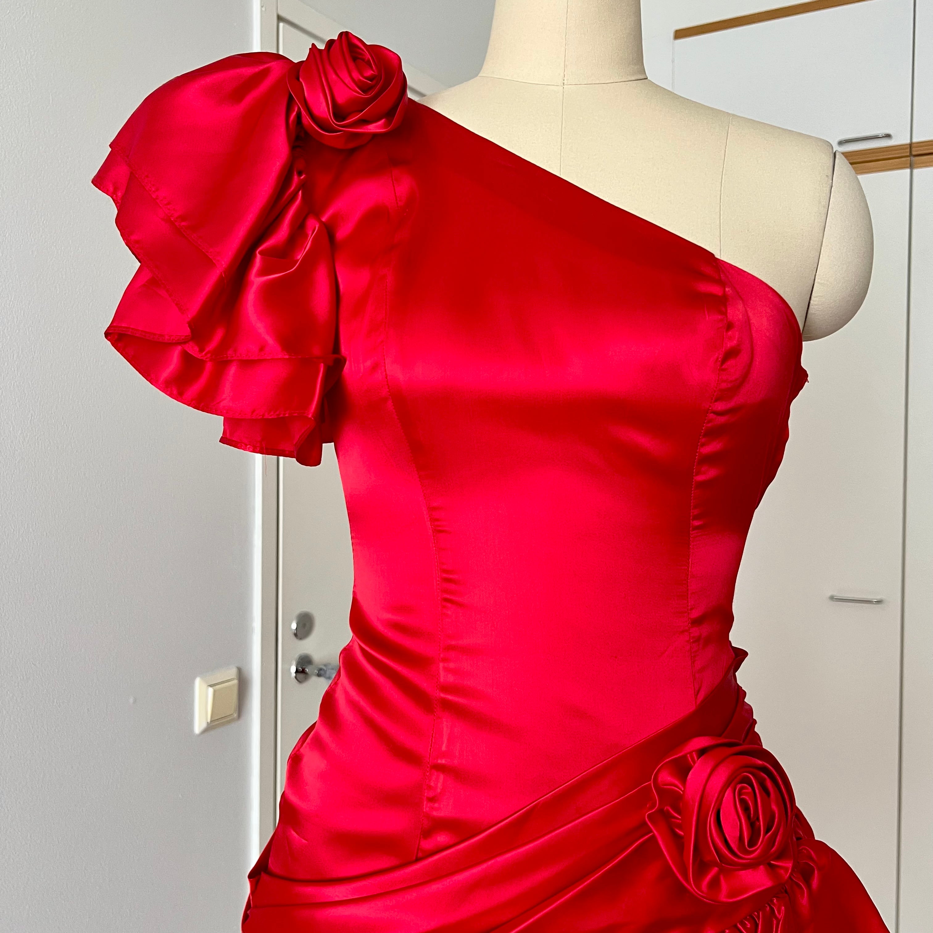 1980s ILGWU Red Prom Party Dress-One Shoulder Tiered Ruffle Dress