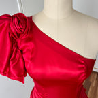 1980s ILGWU Red Prom Party Dress-One Shoulder Tiered Ruffle Dress