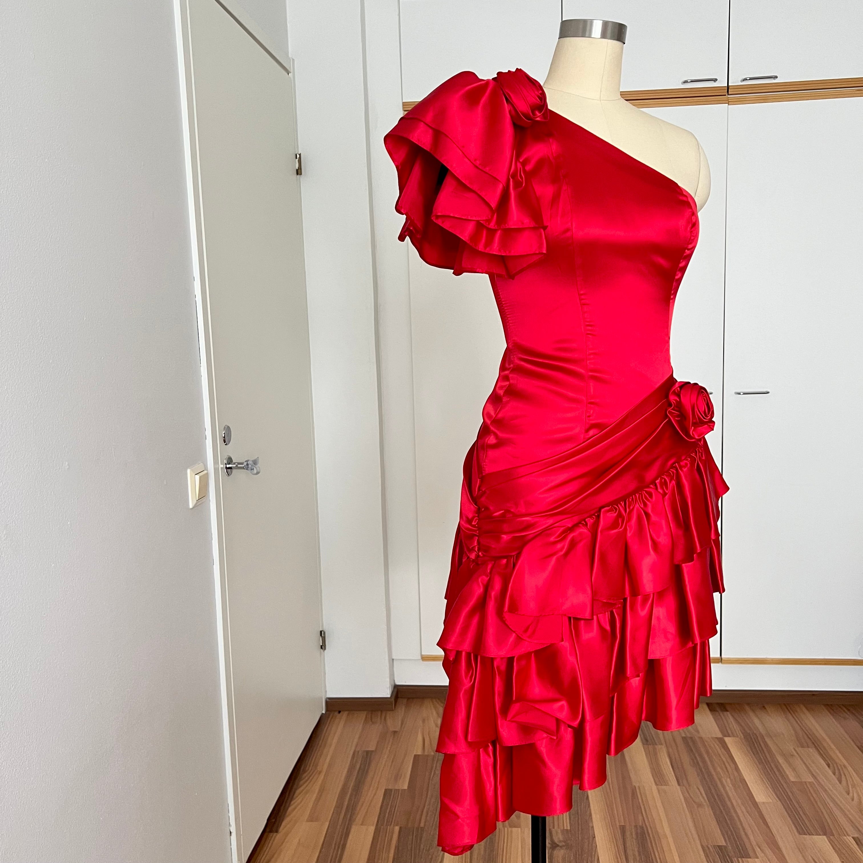 1980s ILGWU Red Prom Party Dress-One Shoulder Tiered Ruffle Dress
