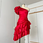 1980s ILGWU Red Prom Party Dress-One Shoulder Tiered Ruffle Dress