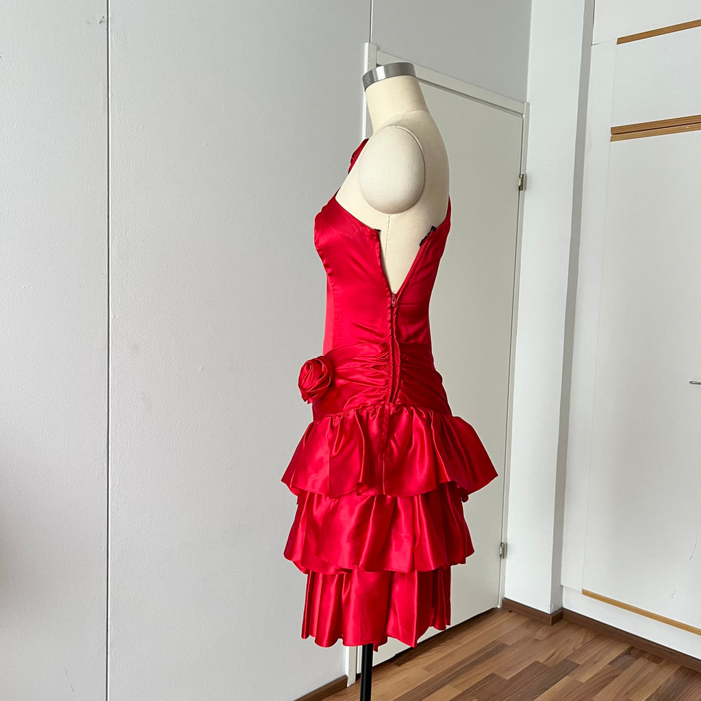 1980s ILGWU Red Prom Party Dress-One Shoulder Tiered Ruffle Dress