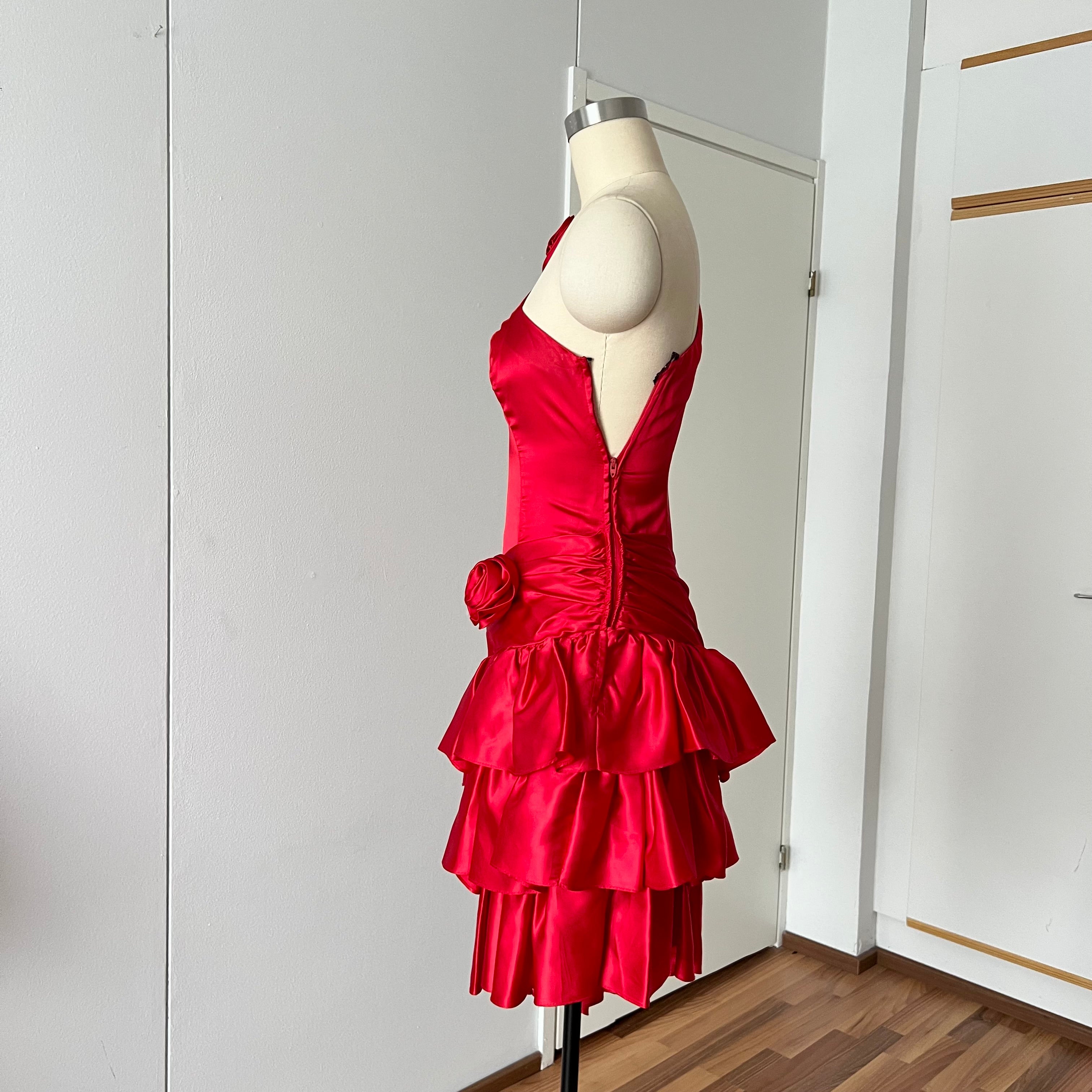 1980s ILGWU Red Prom Party Dress-One Shoulder Tiered Ruffle Dress