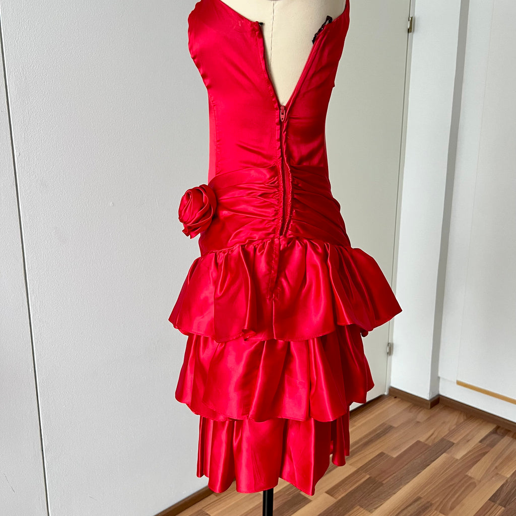 1980s ILGWU Red Prom Party Dress-One Shoulder Tiered Ruffle Dress
