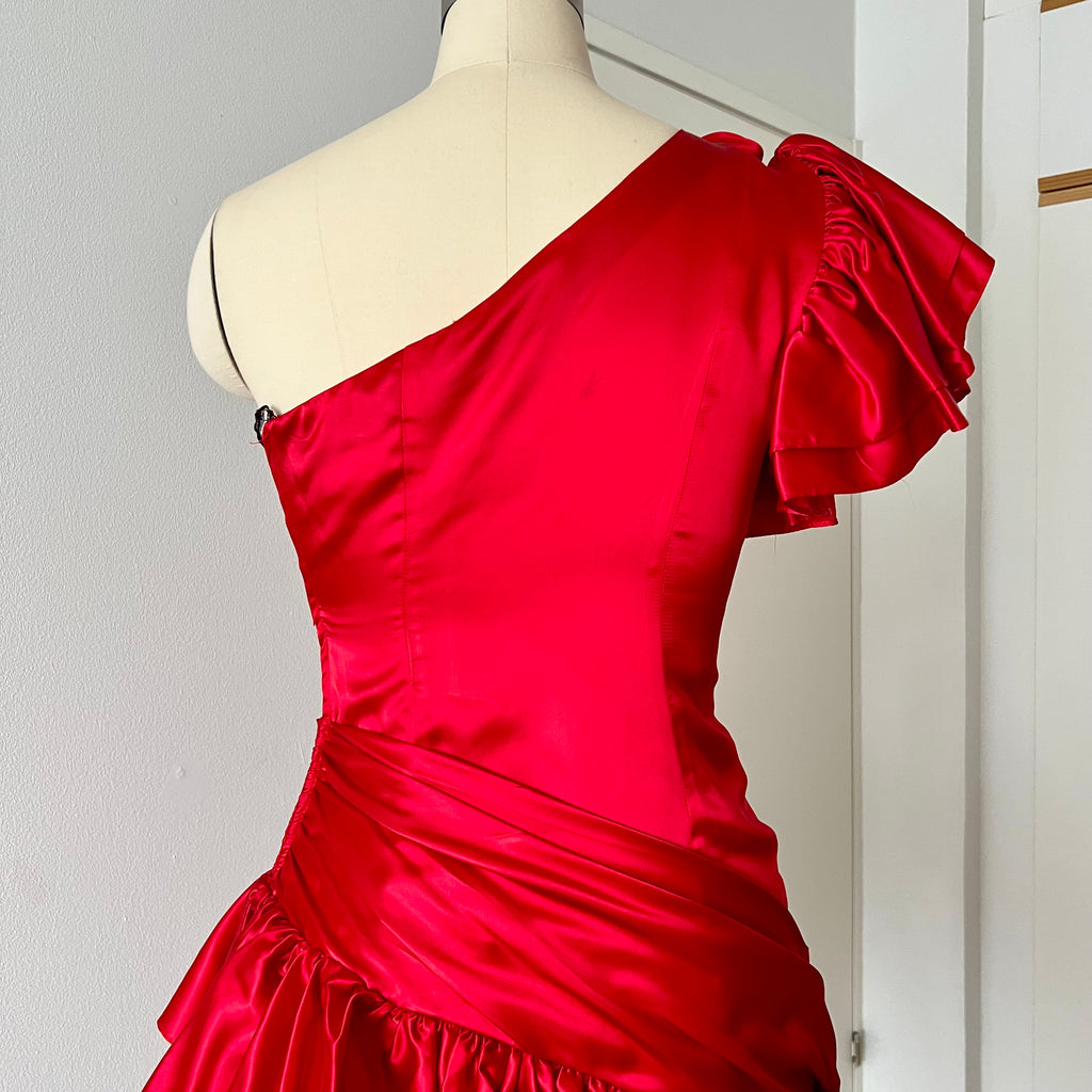 1980s ILGWU Red Prom Party Dress-One Shoulder Tiered Ruffle Dress