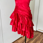 1980s ILGWU Red Prom Party Dress-One Shoulder Tiered Ruffle Dress