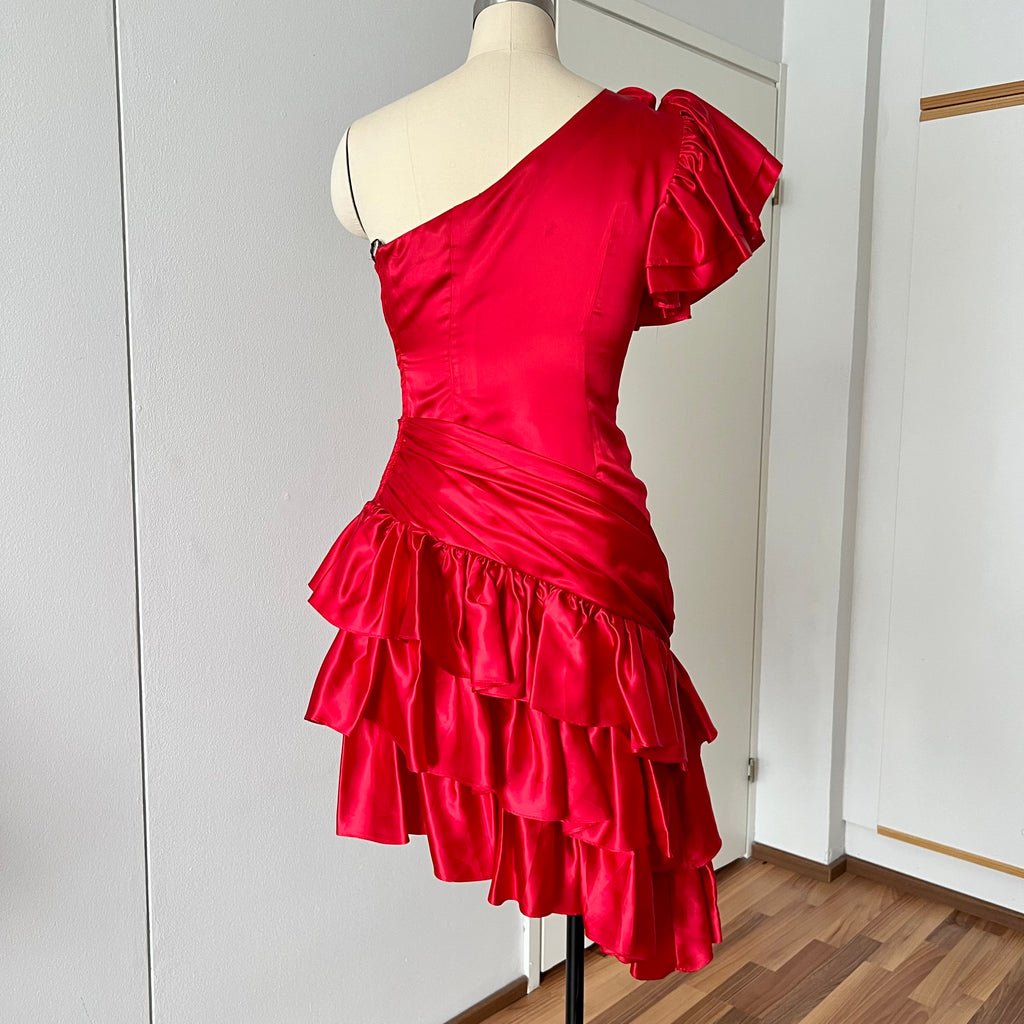 1980s ILGWU Red Prom Party Dress-One Shoulder Tiered Ruffle Dress