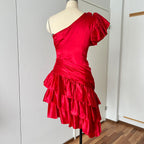 1980s ILGWU Red Prom Party Dress-One Shoulder Tiered Ruffle Dress