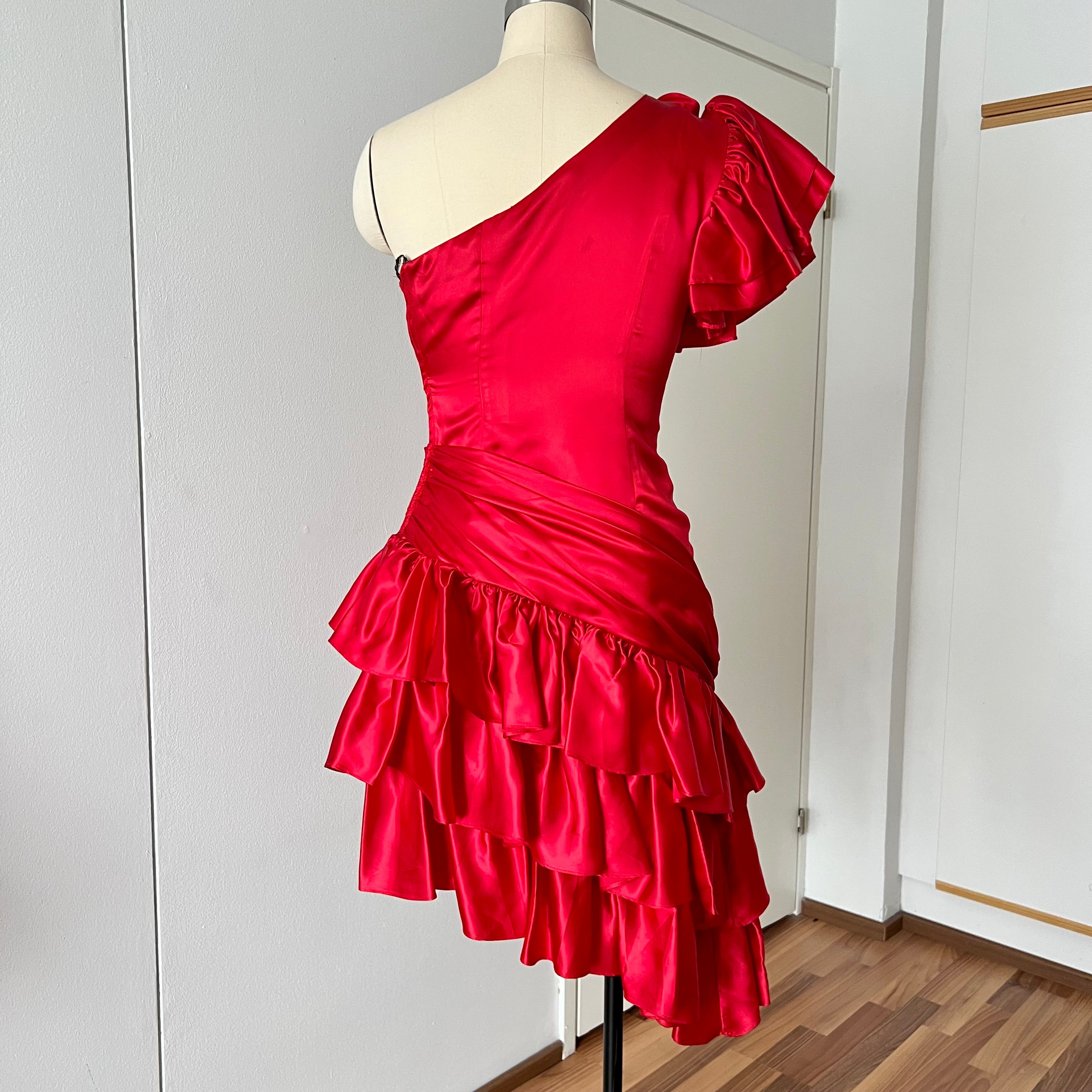 1980s ILGWU Red Prom Party Dress-One Shoulder Tiered Ruffle Dress