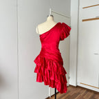 1980s ILGWU Red Prom Party Dress-One Shoulder Tiered Ruffle Dress