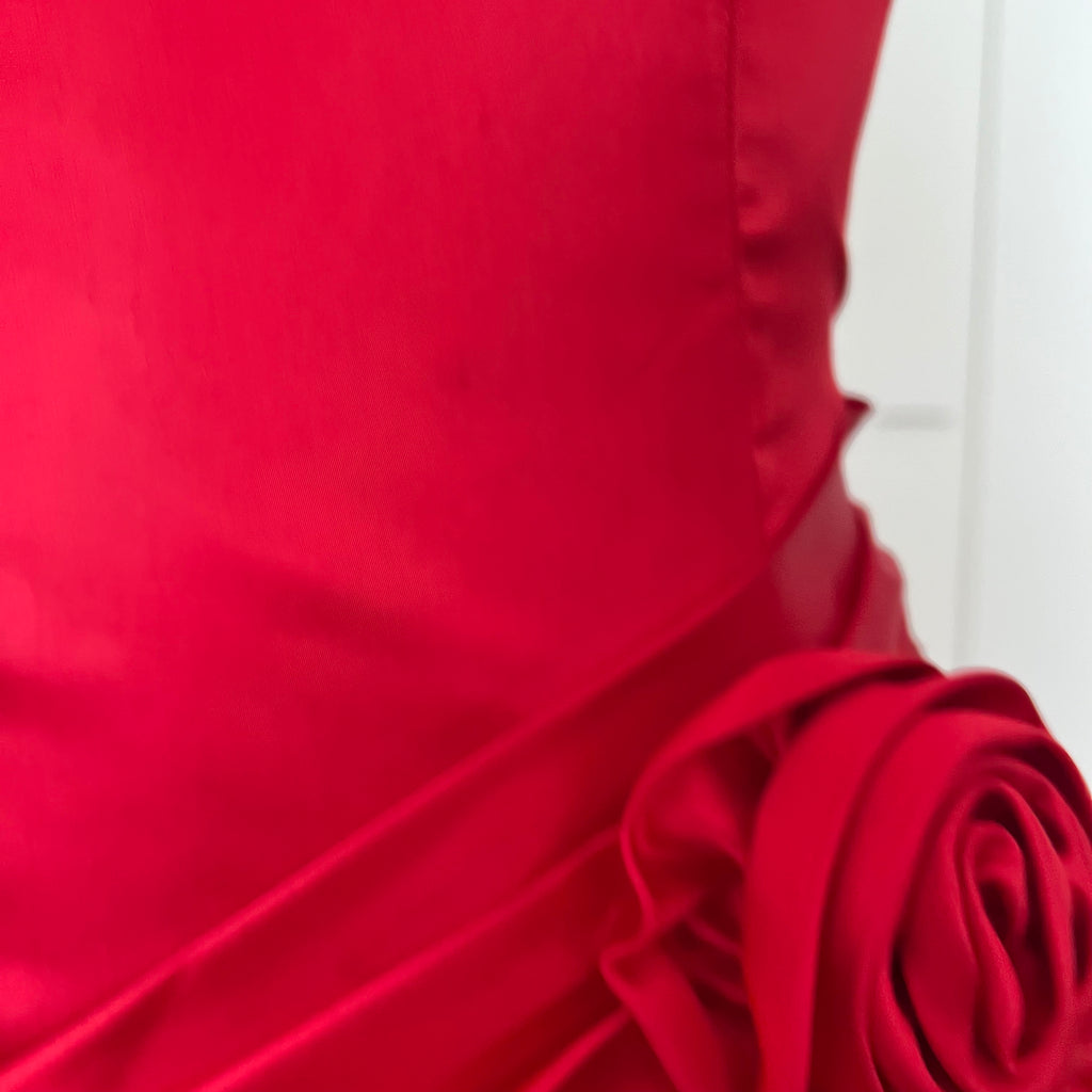 1980s ILGWU Red Prom Party Dress-One Shoulder Tiered Ruffle Dress