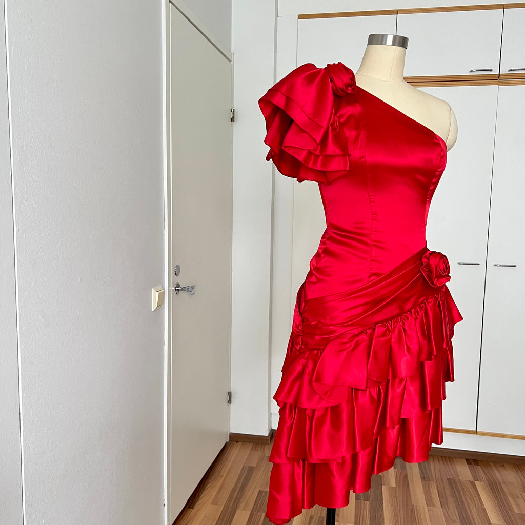 1980s ILGWU Red Prom Party Dress-One Shoulder Tiered Ruffle Dress
