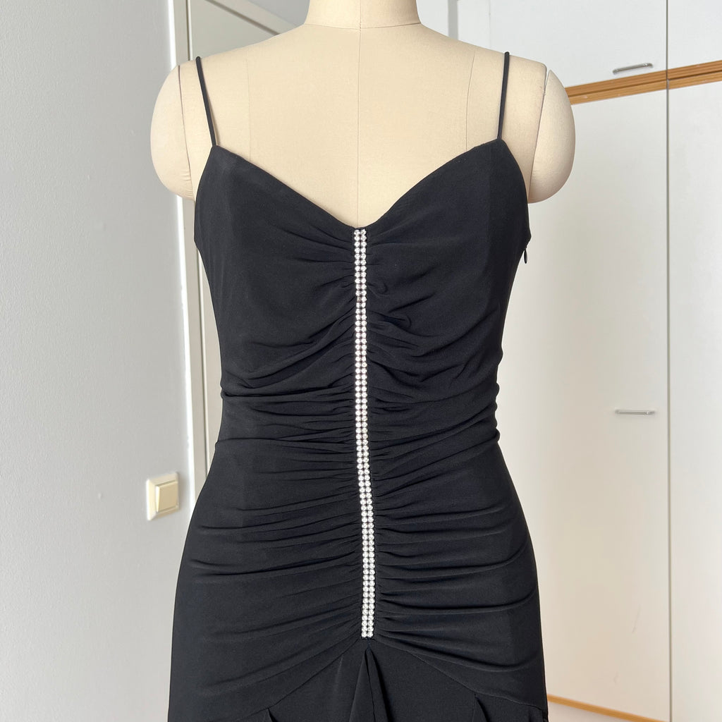 Y2K Black Ruched Formal Gown-90s BARI JAY Rhinestone Maxi Dress