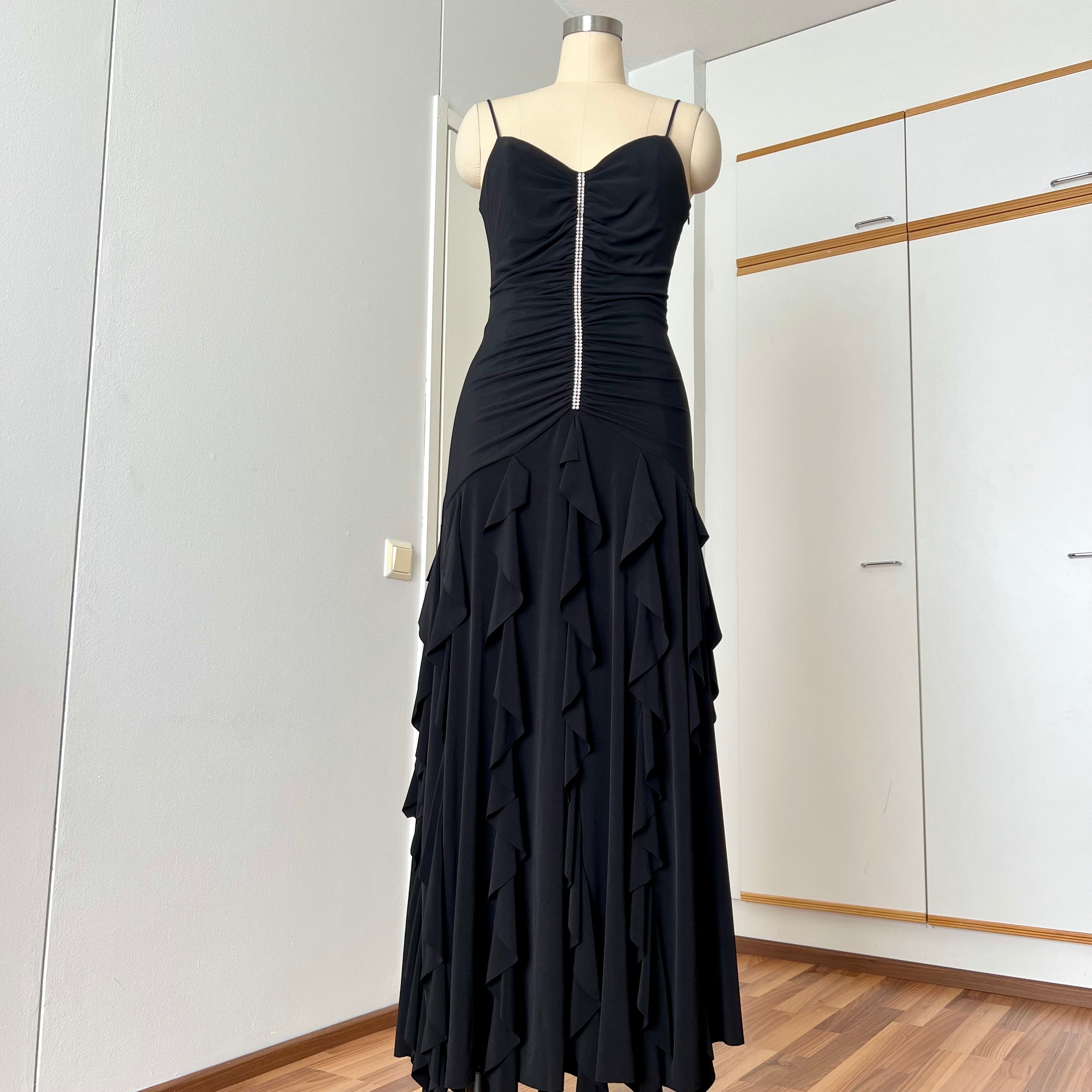 Y2K Black Ruched Formal Gown-90s BARI JAY Rhinestone Maxi Dress