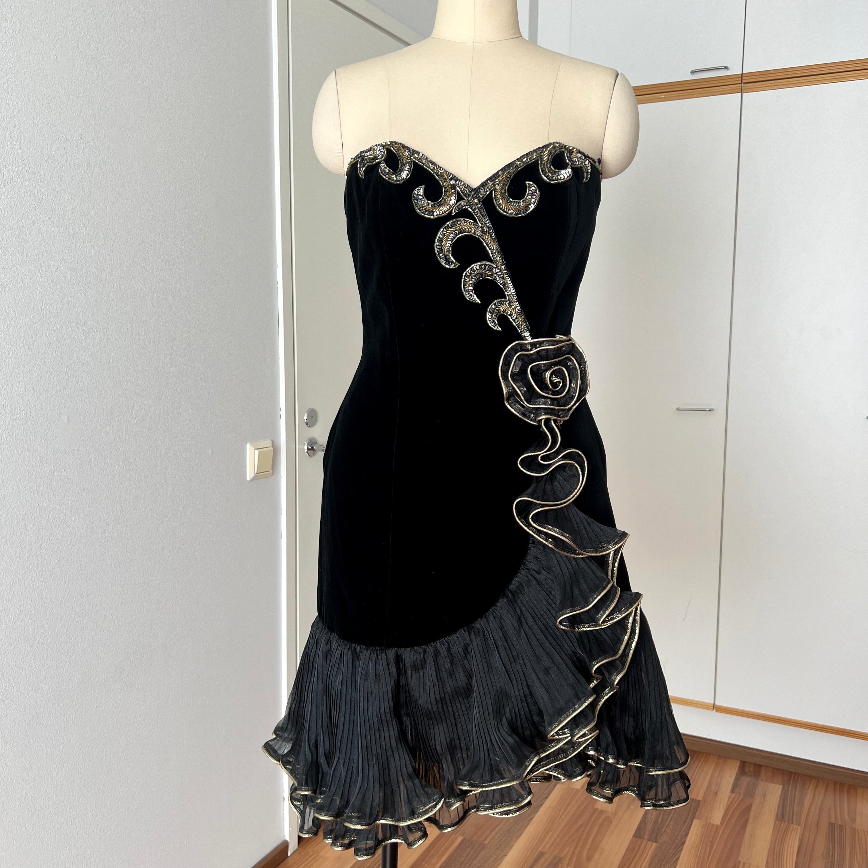 1980s Black Strapless Prom Dress-DAVID BUTLER Gold Sequin Cocktail Mini Gown
