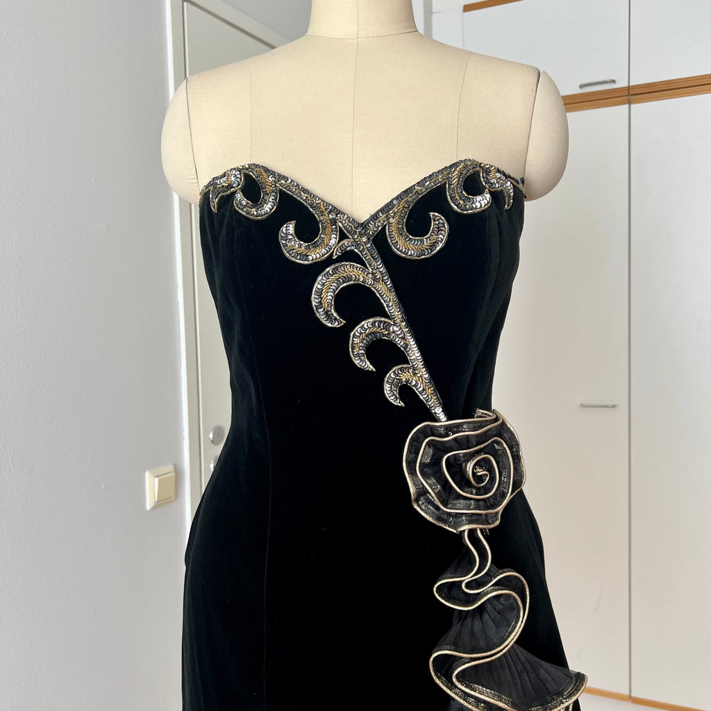 1980s Black Strapless Prom Dress-DAVID BUTLER Gold Sequin Cocktail Mini Gown