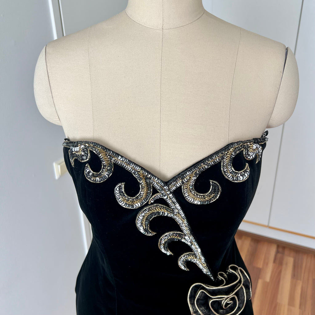 1980s Black Strapless Prom Dress-DAVID BUTLER Gold Sequin Cocktail Mini Gown