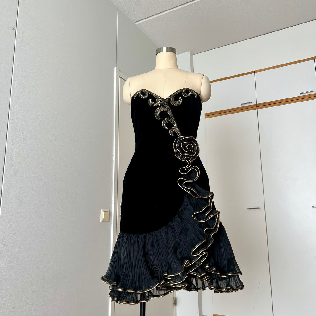 1980s Black Strapless Prom Dress-DAVID BUTLER Gold Sequin Cocktail Mini Gown