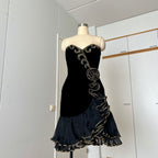 1980s Black Strapless Prom Dress-DAVID BUTLER Gold Sequin Cocktail Mini Gown