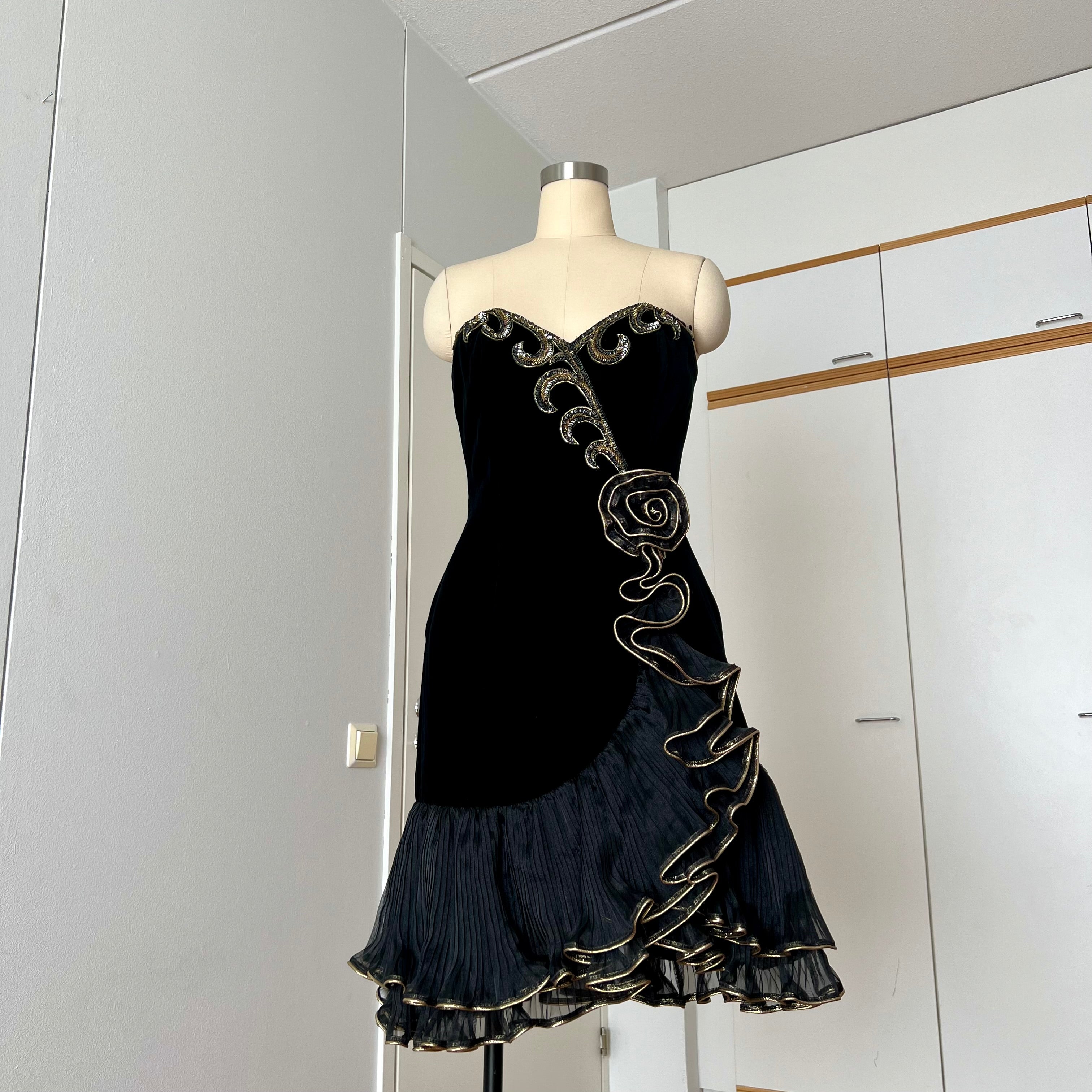1980s Black Strapless Prom Dress-DAVID BUTLER Gold Sequin Cocktail Mini Gown