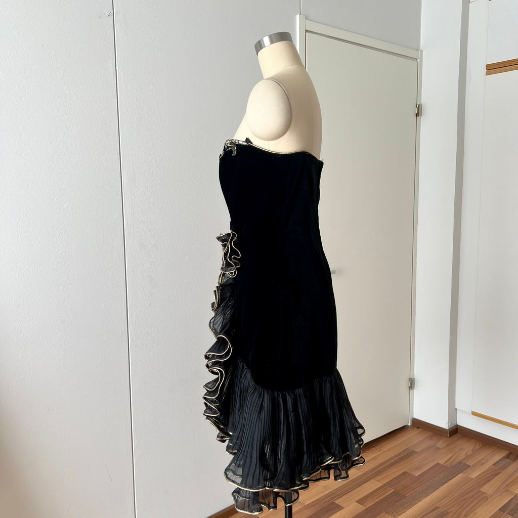 1980s Black Strapless Prom Dress-DAVID BUTLER Gold Sequin Cocktail Mini Gown