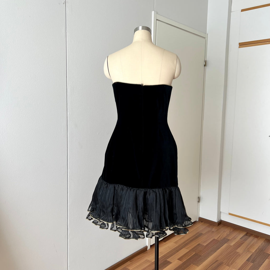 1980s Black Strapless Prom Dress-DAVID BUTLER Gold Sequin Cocktail Mini Gown