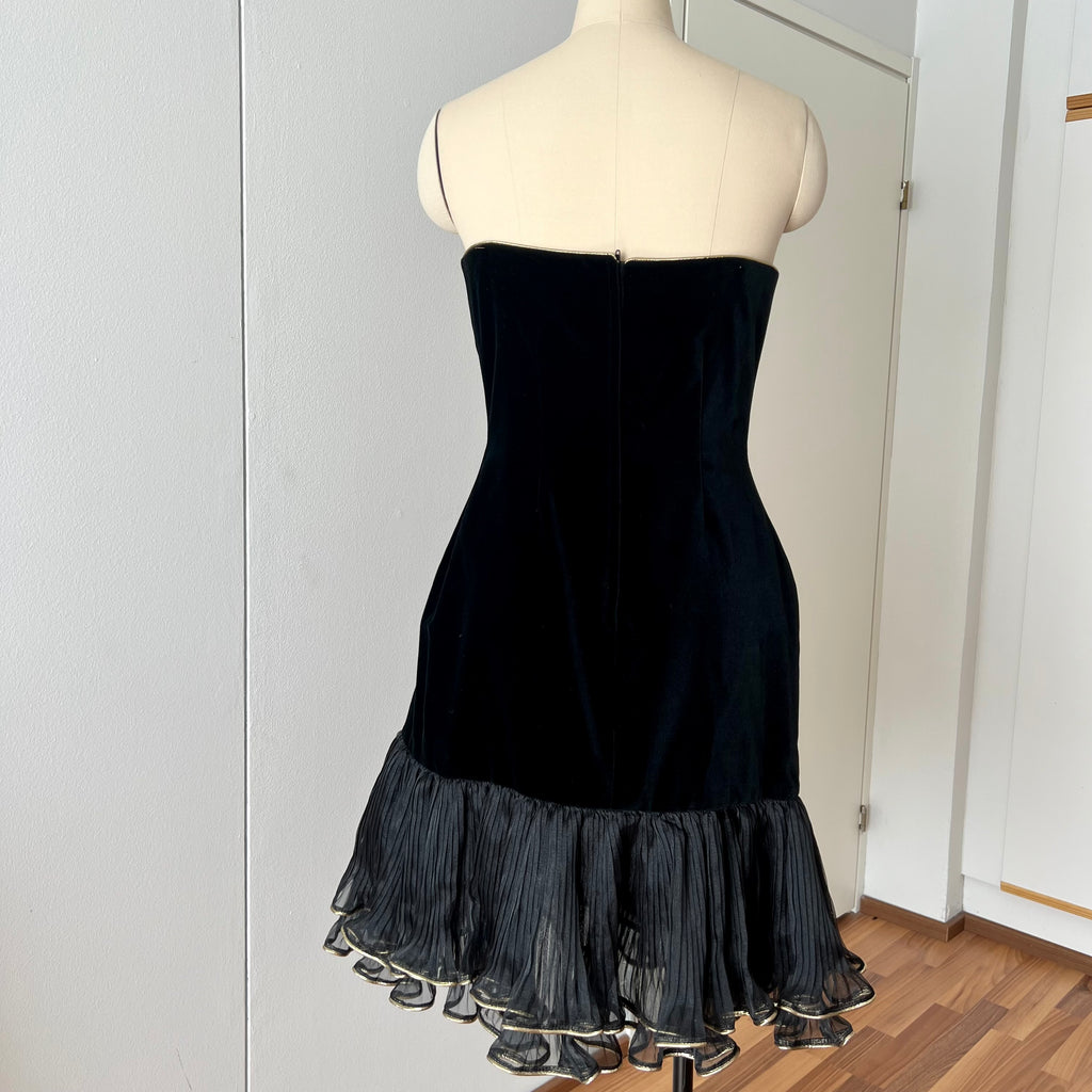 1980s Black Strapless Prom Dress-DAVID BUTLER Gold Sequin Cocktail Mini Gown