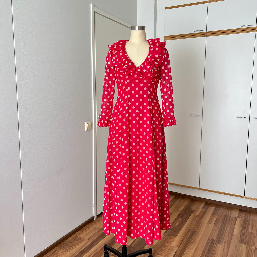 1970s Red Polka Dot Maxi Dress-Vintage Prairie Ruffle Neck Dress-70s Empire Waist Summer Party Dress