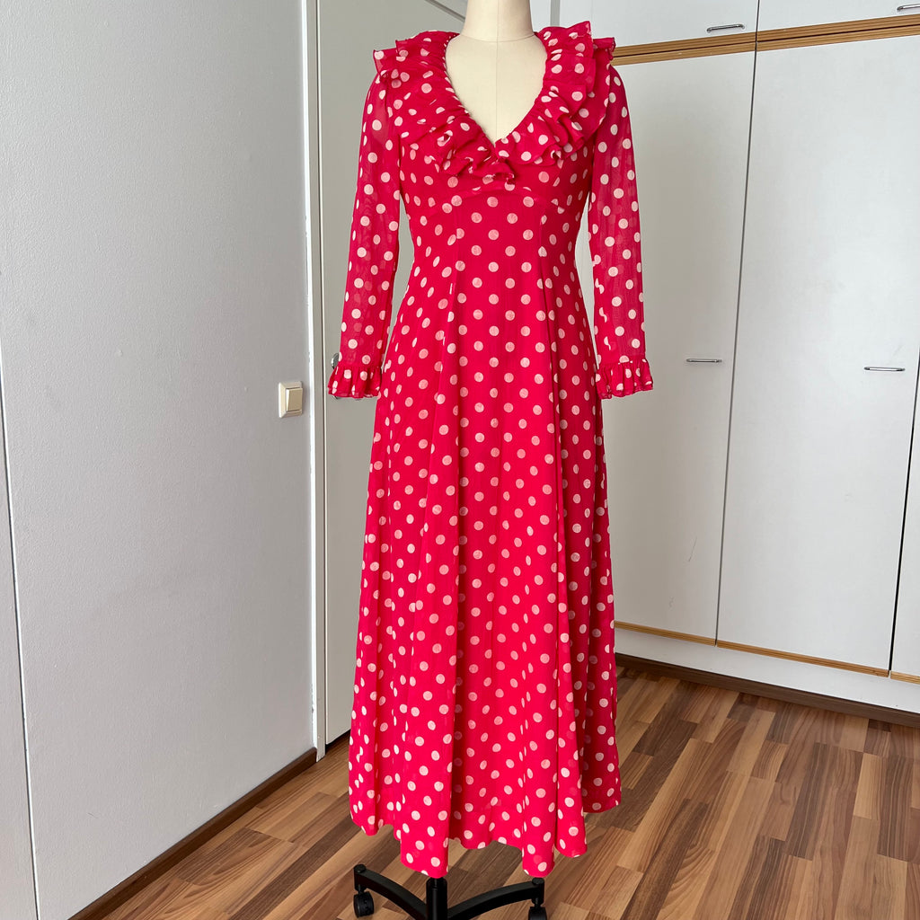 1970s Red Polka Dot Maxi Dress-Vintage Prairie Ruffle Neck Dress-70s Empire Waist Summer Party Dress