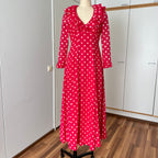 1970s Red Polka Dot Maxi Dress-Vintage Prairie Ruffle Neck Dress-70s Empire Waist Summer Party Dress