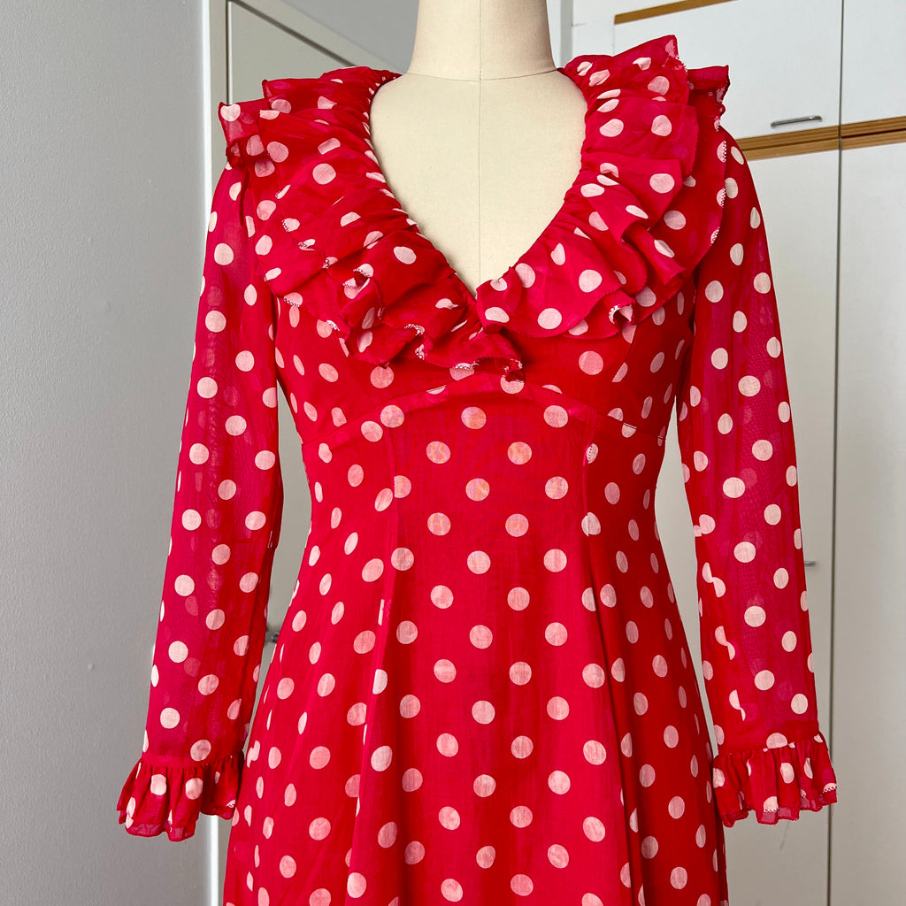 1970s Red Polka Dot Maxi Dress-Vintage Prairie Ruffle Neck Dress-70s Empire Waist Summer Party Dress